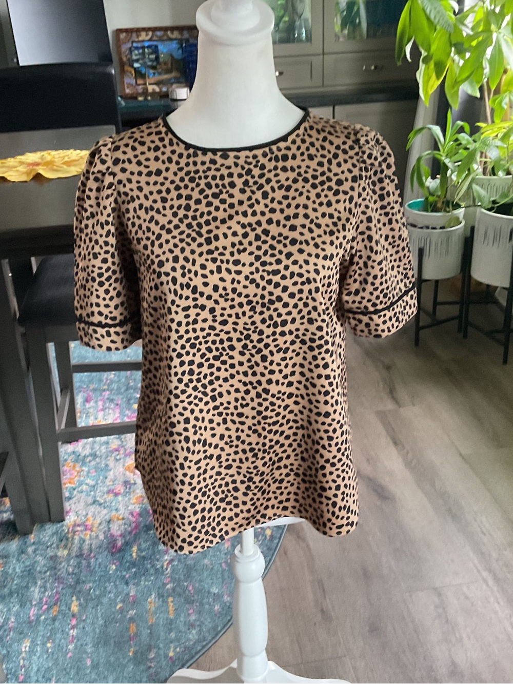 LOFT Tan Leopard Print Short Sleeve Blouse with Black Trim